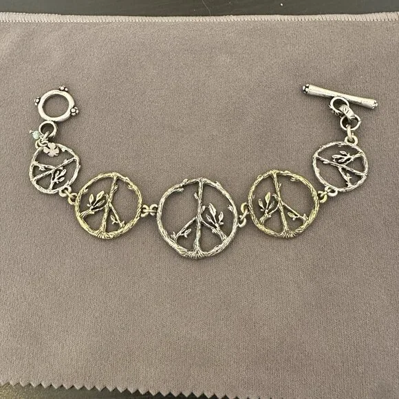 Lucky Brand Peace Symbol Bracelet Toggle Clasp 8" Mixed Metal Twigs & Leaves - Picture 9 of 10